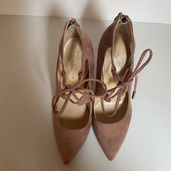 Marc Fisher Blush Suede Pointed Toe Lace-Up Cutout Heels Size 5.5M Zip Back - Picture 7 of 11